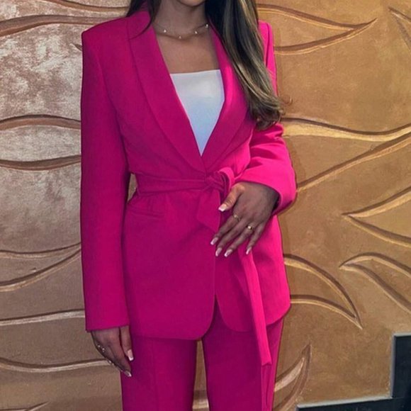 Pink Boho Womens Solid Belted Blazer - Picture 3 of 5